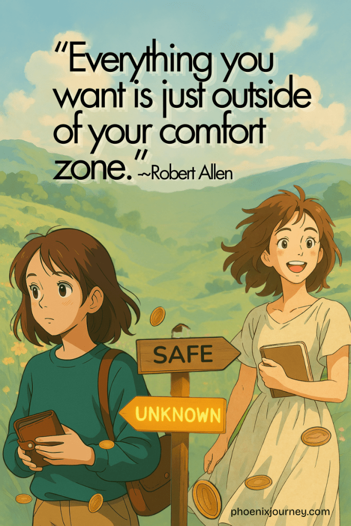 "Motivational anime-style illustration of two girls standing at a crossroads with signposts labeled 'SAFE' and 'UNKNOWN' amidst a scenic, mountainous background. The image features an inspirational quote by Robert Allen: 'Everything you want is just outside of your comfort zone.' Ideal for themes of personal growth, self-discovery, and stepping outside the comfort zone. Source: phoenixjourney.com"