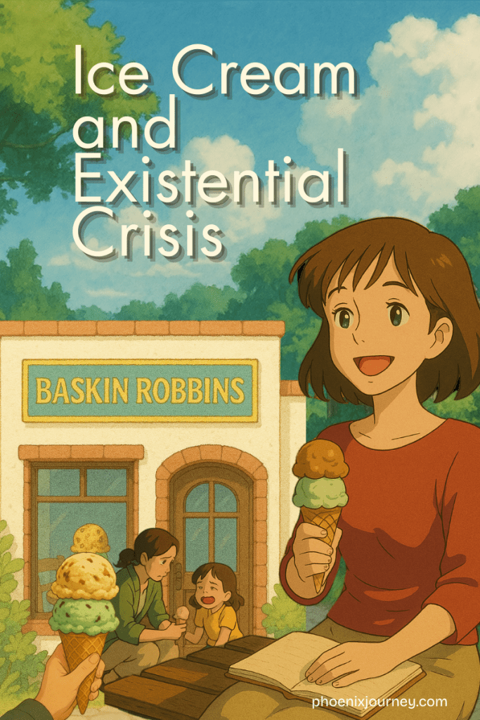 "Whimsical anime-style illustration of a girl enjoying ice cream outside a Baskin Robbins shop, holding a notebook, with a playful title overlay: 'Ice Cream and Existential Crisis.' In the background, other characters also enjoy ice cream, reflecting a mix of joy and contemplation. Ideal for content about self-reflection, mental health, comfort food, or nostalgic summer moments. Source: phoenixjourney.com"
